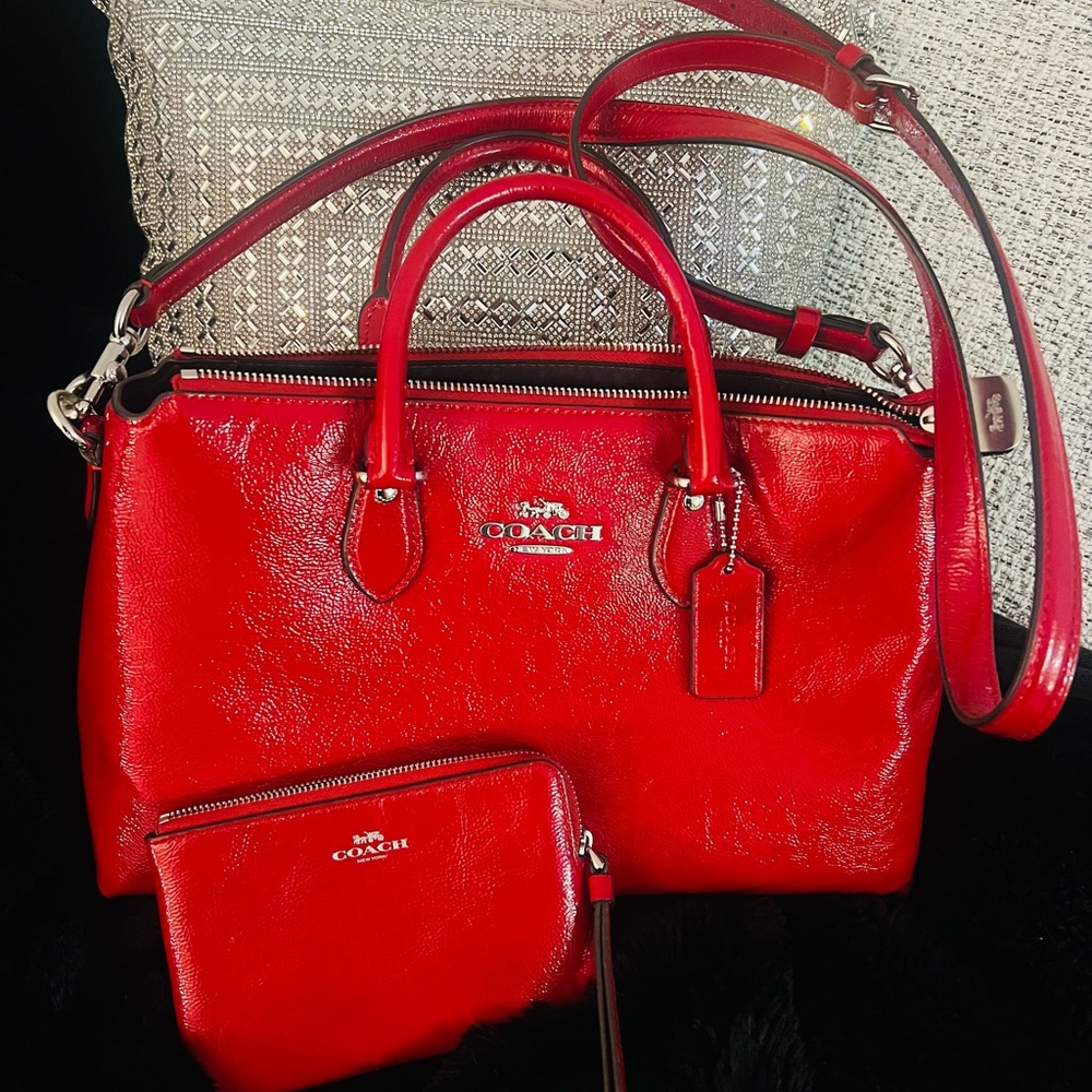 Coach Vibrant Candy Apple Red Leather Satchel and Pouch Set